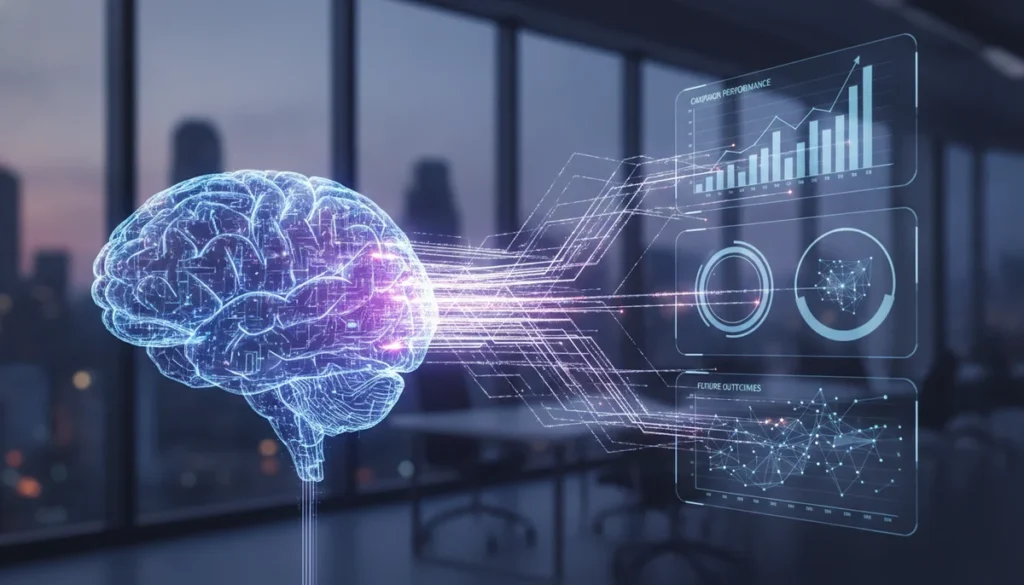 Un cerebro digital estilizado con conexiones de datos fluyendo hacia gráficos y proyecciones de rendimiento de campañas, simbolizando el análisis predictivo con IA.