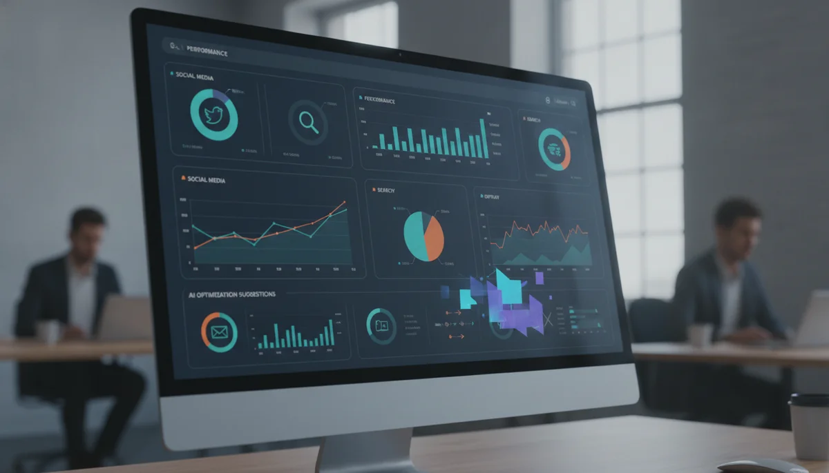 Un panel de control digital con gráficos en tiempo real mostrando el rendimiento de la campaña y sugerencias de optimización generadas por IA, con diferentes canales de marketing representados.