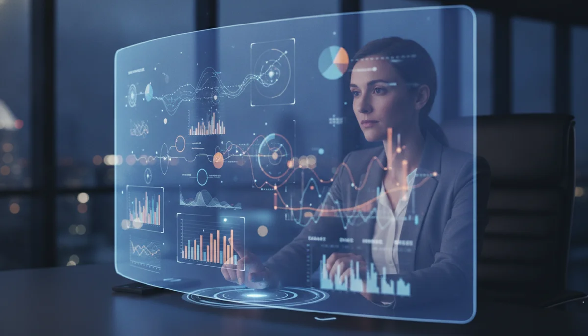 Una persona mirando una pantalla futurista llena de hologramas y visualizaciones de datos, con indicadores de rendimiento de campañas que cambian dinámicamente, representando el futuro del análisis predictivo.
