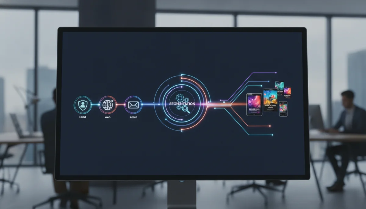 Infografía interactiva que ilustra el flujo de los datos desde la recopilación hasta la activación programática, mostrando iconos de CRM, web, email, pasando por un proceso de segmentación y terminando en un display de anuncios personalizados en múltiples dispositivos.
