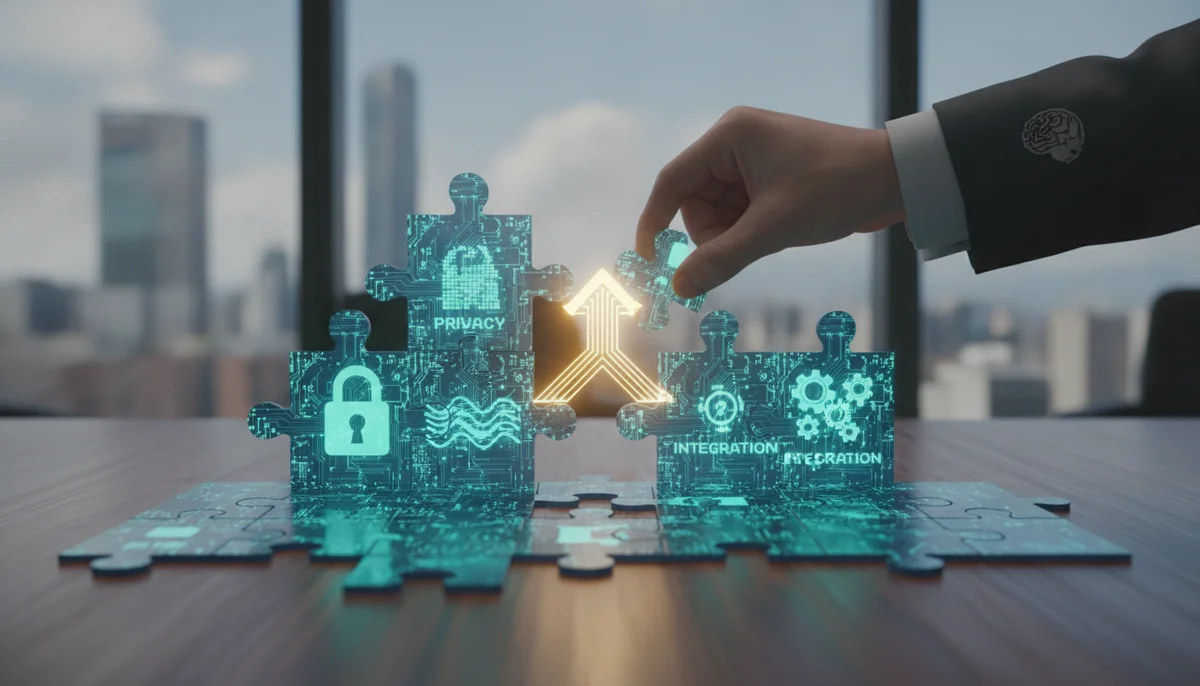 Un rompecabezas digital complejo con varias piezas que representan los desafíos (privacidad, calidad de datos, integración) y una mano experta, posiblemente con el logo de BRAINT, encajando una pieza central que simboliza la solución y el éxito.