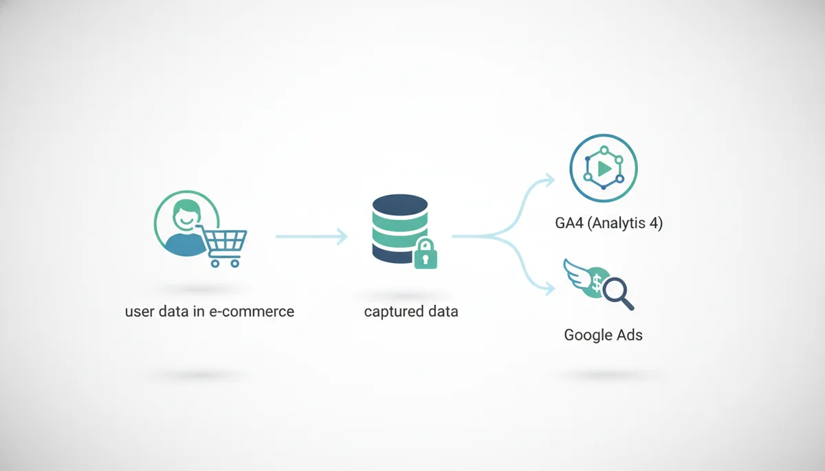 Un esquema de flujo de datos simplificado que muestra cómo los datos del usuario en el e-commerce son capturados y enviados a GA4 y Google Ads, con iconos de bases de datos y análisis. Sin texto ni palabras en la imagen.