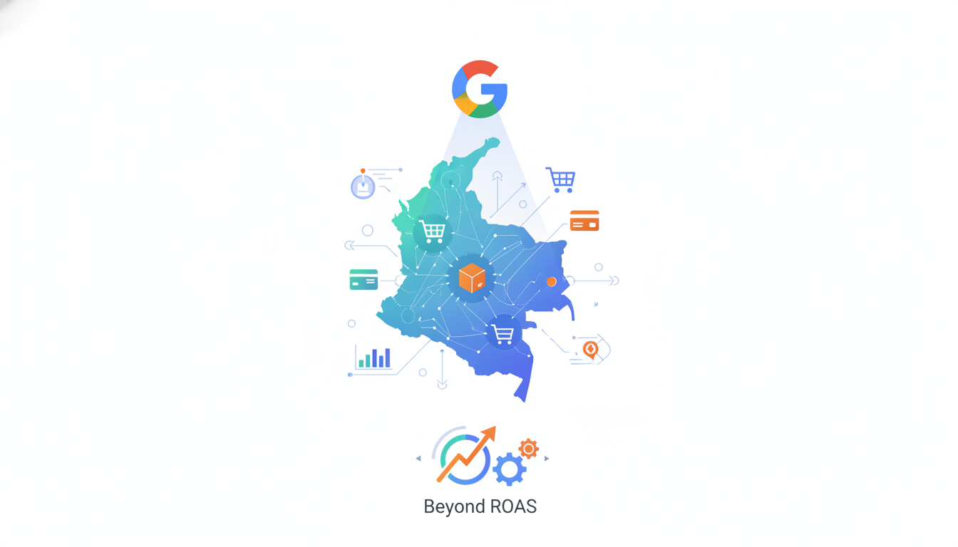 Ilustracion profesional sobre Optimización de campañas de Google Ads para e-commerce en Colombia: Más allá del ROAS, estilo visual limpio y moderno, relacionado con optimizar google ads ecommerce Colombia